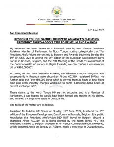 Akufo-Addo Didn’t Charter Flight To Brussels– Presidency Replies Ablakwa