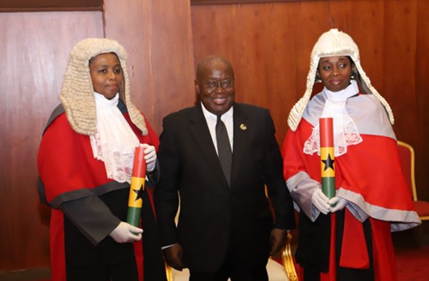 President Akufo-Addo with Dorothy Ayodele Kingsley Nyinah (left), and Ama Sefenya Ayittey (right), after being sworn in as High Court Judges at the Jubilee House